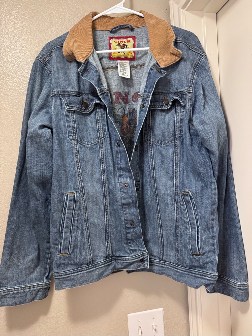 Cinch Light Blue Denim Jacket with Red Logo Patch